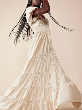 Free People Sundrenched Silky Maxi Dress Champagne Small Tiered Boho Dress